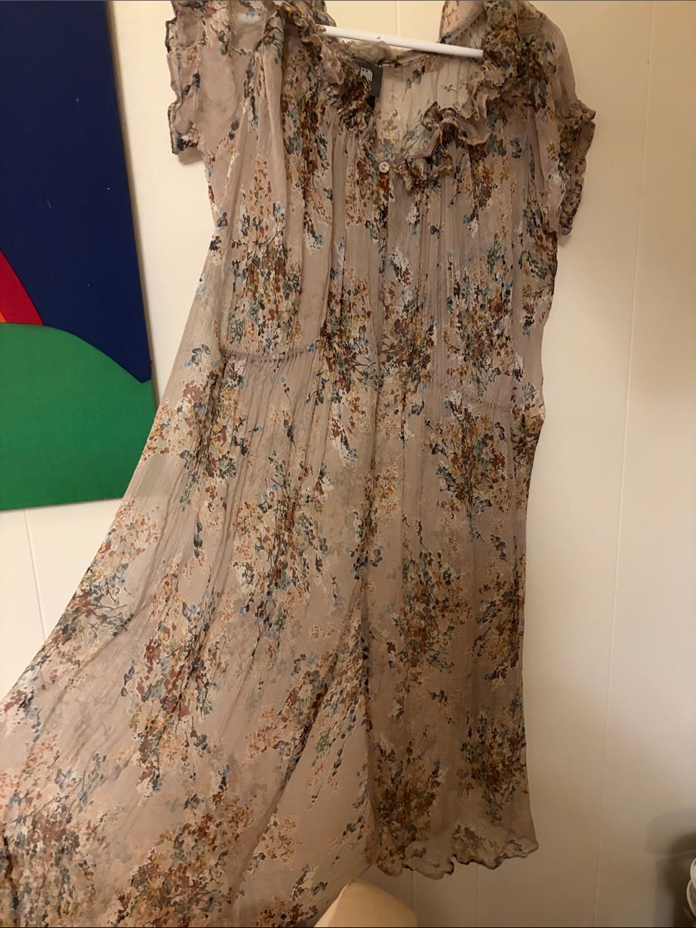 Light Beige Silk Floral Midi Dress with Ruffle Neck